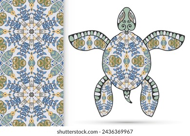 Decorative doodle turtle with ornament and colorful seamless hand drawn pattern. Tribal totem animal, isolated element for scrapbook, invitation card, book cover design, textile fabric print svg
