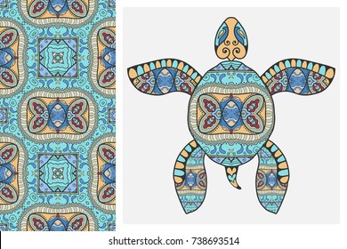 Decorative doodle turtle with ornament and colorful seamless hand drawn pattern. Tribal totem animal, isolated element for scrapbook, invitation card, book cover design, textile fabric print