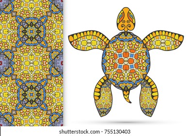 Decorative doodle turtle with ornament and colorful seamless hand drawn pattern. Tribal totem animal, isolated element for scrapbook, invitation card, book cover design, textile fabric print