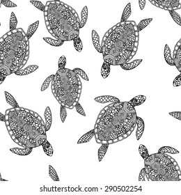 Decorative doodle turtle seamless monochrome vector pattern