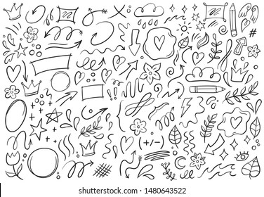 Decorative doodles. Hand drawn pointing arrow, outline shapes and doodle frames. Ink signs decoration ornament, line curved arrow, heart and circle sketch isolated vector illustration symbols set