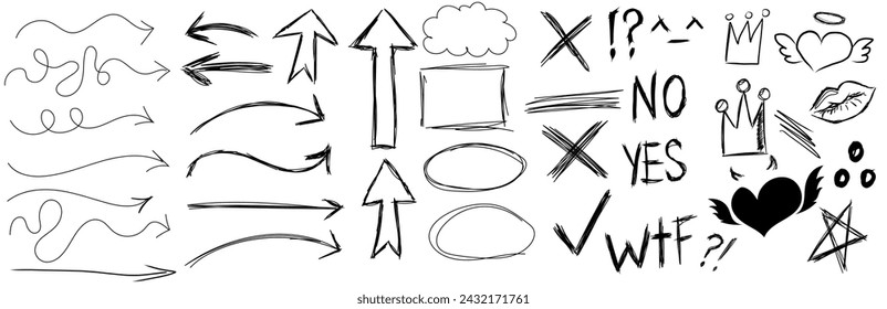 Dekorative Kritzel. Hand gezeichneter Pfeil, Umrissformen und Kritzelrahmen. Tinte Zeichen Dekoration Ornament, Linie gekrümmten Pfeil, Herz und Kreis Skizze isolierte Vektor-Illustration Symbole gesetzt