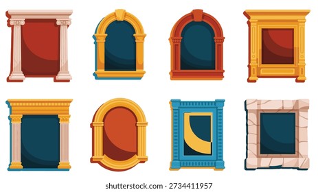 Porta decorativa e quadro de janela definido em cores brilhantes, arcos ornamentados, estilo plano moderno, perfeito para banners da web, cartões, panfletos