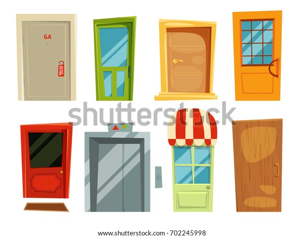 アニメ風の装飾的な出入り口とレトロな異なるドア 家と家のドアのベクター画像セット 玄関と出口のドアのイラスト のベクター画像素材 ロイヤリティフリー