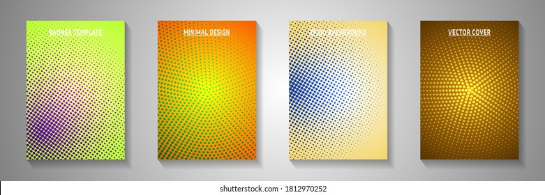 Decorative dot faded screen tone cover page templates vector kit. Urban banner perforated screen tone backgrounds. Retro manga comics style front page leaflets. Optical effects.