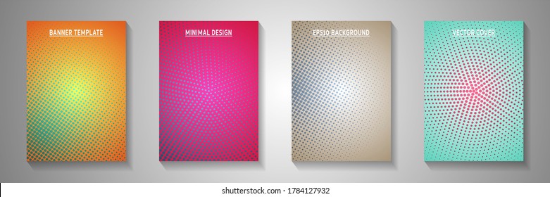 Decorative dot perforated halftone cover templates vector set. Corporate booklet faded halftone backdrops. Retro cartoon comics style title page layouts. Overlay spots grid