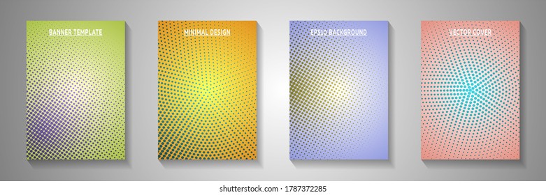 Decorative dot perforated halftone front page templates vector collection. Business booklet faded halftone patterns. Vintage manga comics style cover leaflets. Linear design.