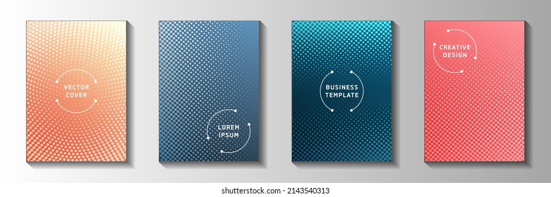 Decorative dot screen tone gradation front page templates vector collection. Industrial poster faded screen tone patterns. Retro cartoon comics style cover layouts. Rectangle albums.