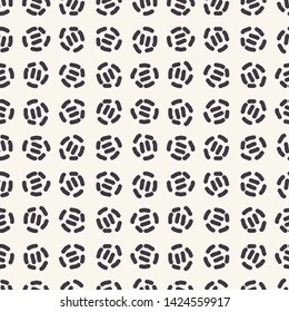 Decorative dot stitch embroidery pattern. Circle grid stripes needlework. Hand drawn ornamental textile print. Ecru cream handicraft home decor. Monochrome simple background. Seamless vector swatch 