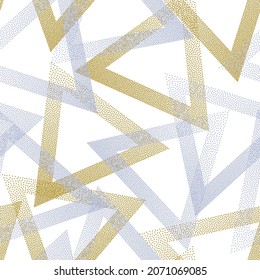 Decorative dotwork triangles vector seamless pattern. Geometric recurring background with dots texture. Gradient triangles of chevron dots seamless ornament. Textile print.