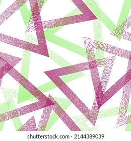 Decorative dotwork triangles vector seamless pattern. Geometric infinite background with dots texture. Gradient triangles of chevron dots seamless ornament. Pointillism style.