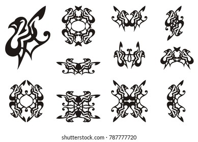 Decorative dove icons. Laconic dove symbol, frames and double symbols formed from him. Black on white