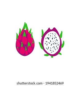 Decorative dragon fruit vector, cartoon flat illustration  pitaya whole fruit and half, exotic plant, colorful sign vegetarian food, grocery product isolated on white for design cosmetic, organic shop