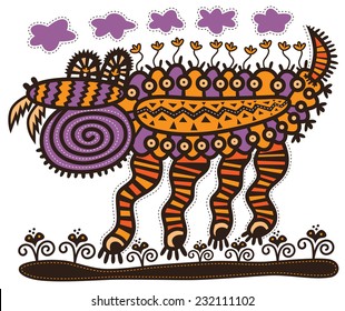 Decorative dragon with huge fangs under pink clouds. On the back of the dragon yellow flowers grow.