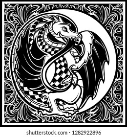 Decorative dragon. Medieval gothic style concept art. Design element. Black a nd white drawing isolated on grey background. EPS10 vector illustration