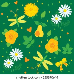 Decorative Dragonflies. Seamless Dragonflies. Cartoon Pattern Dragonflies. Leaves and Flowers. Vector Green Field. Vector Dragonflies Background. Dragonflies Tattoos. Dragonflies Art.