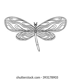 Decorative dragonfly. Coloring book for adult and older children. Coloring page with colored sample. Outline drawing. Vector illustration.