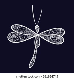 decorative dragonfly with graphic tracery. Dragonfly vector single color icon isolated on black background