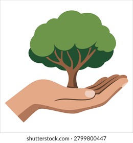 Decorative drawing of bright tree in hands symbol for nature support gardening