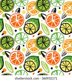 Decorative drawing seamless pattern with citrus fruits. Colorful tropical background