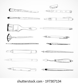 Decorative drawing tools accessories watercolor paintbrush pen charcoal graphite pencil knife collection doodle sketch vector isolated illustration