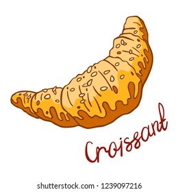 Decorative drawn fresh soft crisp croissant with sesame from the bakery for breakfast. Isolated illustration with the inscription