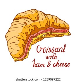 Decorative drawn fresh soft crisp croissant cut in half with melted cheese and ham from the bakery for breakfast. Isolated illustration with the inscription