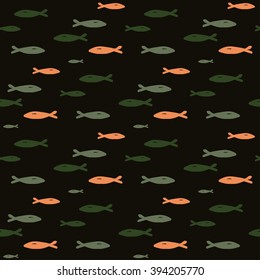 Decorative drawn pattern with funny fish. Seamless marine background. Fabric texture