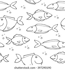 Decorative drawn pattern with funny fish. Seamless marine background. Fabric texture
