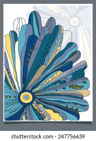 decorative drawn stylized flower in the foreground blue shades with leaves,
