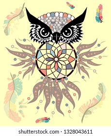 decorative dream catcher in graphic style with owl skull.