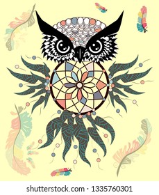 decorative dream catcher in graphic style with owl skull.