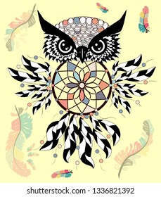 decorative dream catcher in graphic style with owl skull.