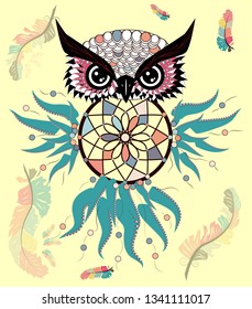 decorative dream catcher in graphic style with owl skull.