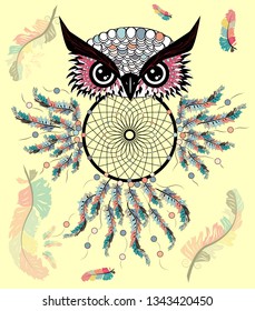 decorative dream catcher in graphic style with owl skull.