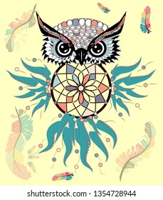 decorative dream catcher in graphic style with owl skull.