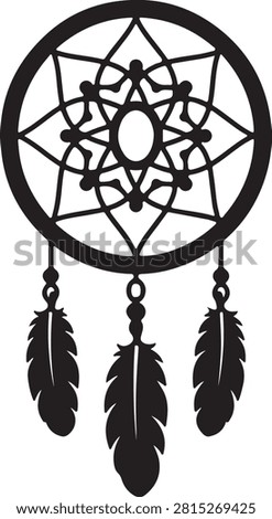 Decorative dreamcatcher silhouette with feathers isolated on white background. Suitable for boho, tribal, spiritual, and home decor designs.