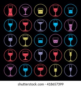 Decorative drinking glasses collection. Set of celebration goblets, simple vector glassware, can be used in graphic and web design.
