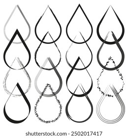 decorative drop icons. Sixteen different teardrop designs. Abstract black and white vector.