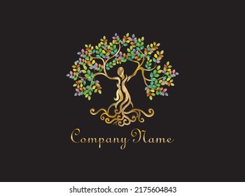 Decorative dryad Tree logo Vector isolated with rainbow and colorful leaves, mythology tree with swirl roots, goddess logo.