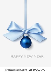 Decorative dusty blue bow with blue Christmas ball and vertical blue ribbon isolated on white. Beautiful decoration element for New Year or Christmas design. Vector stock illustration.