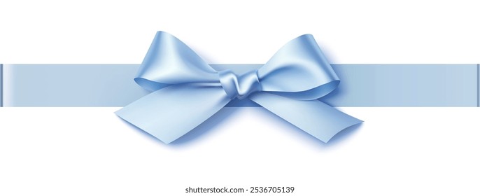 Decorative dusty blue bow with horizontal blue ribbon isolated on white. Beautiful decoration element for your design. Vector stock illustration.