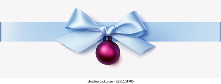  Dekorative dustige blaue Schleife und roter Weihnachtsball mit horizontalem Band einzeln auf Grau. Schöne Neujahrsdekoration für Ihr Design. Vektorgrafik