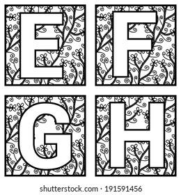 Decorative E, F, G, H alphabet letters with floral elements