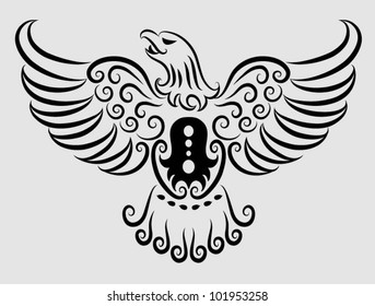 Decorative eagle. animal drawing and curly ornament decoration