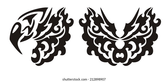 Decorative eagle head and butterfly in tribal style