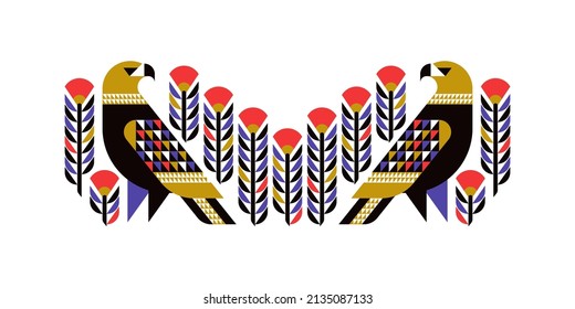 Decorative eagle with ornamental flowers. Flat style vector illustration of geometric bird for elegant poster or stylish print