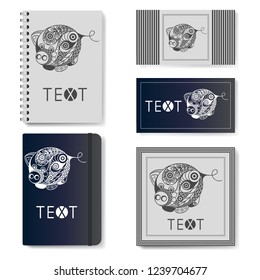 Decorative earth pig, symbol of 2019. Template for advertising, branding and corporate identity. Realistic notepad (diary), business card, invitation with New Year's design. Vector illustration.  