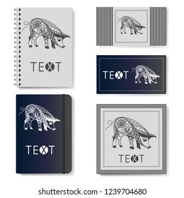 Decorative earth pig, symbol of 2019. Template for advertising, branding and corporate identity. Realistic notepad (diary), business card, invitation with New Year's design. Vector illustration.  
