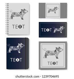 Decorative earth pig, symbol of 2019. Template for advertising, branding and corporate identity. Realistic notepad (diary), business card, invitation with New Year's design. Vector illustration.  